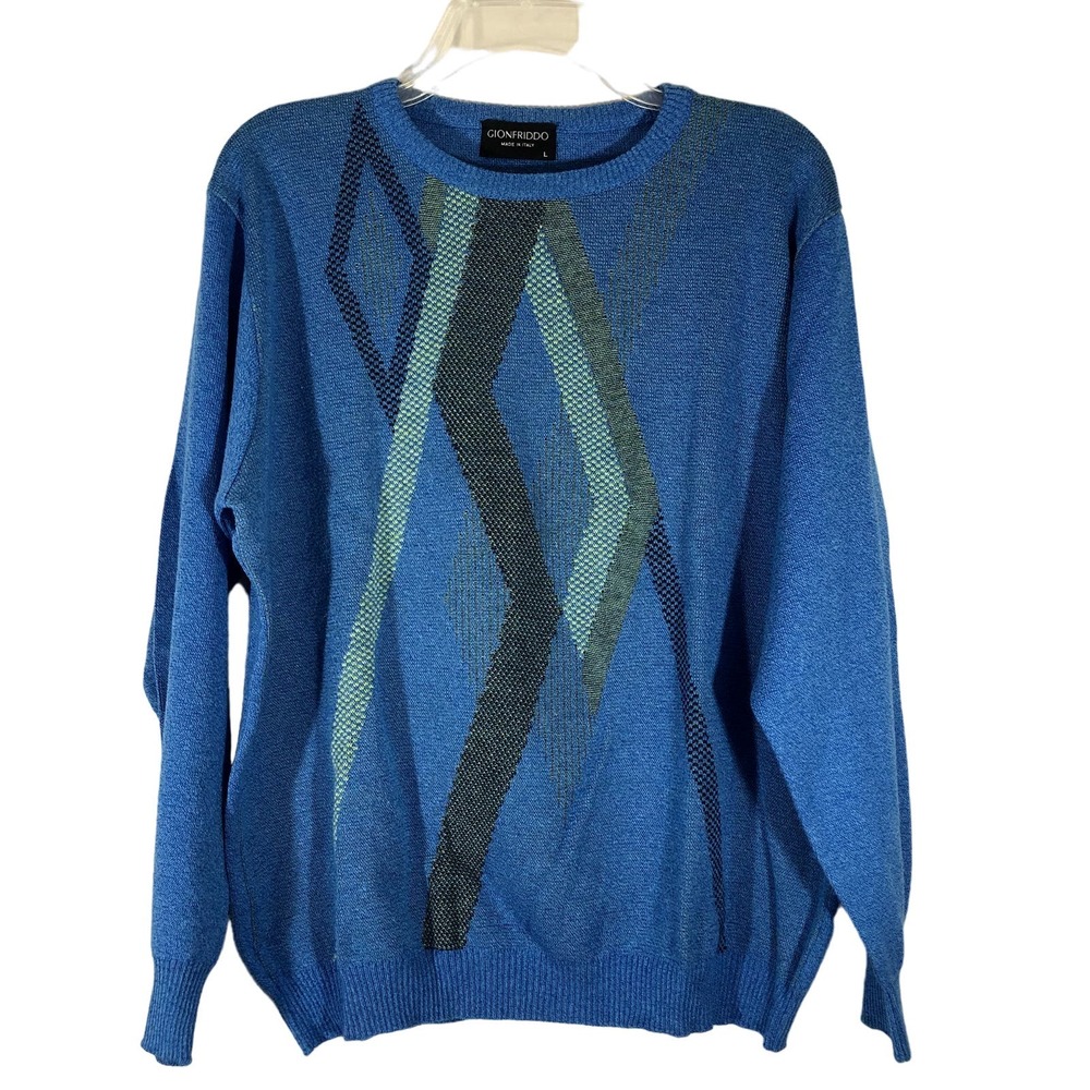 Gionfriddo Men's Sweater Blue Size L Geometric Round Neck =W
